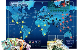 Pandemic board game map with disease cube pieces spread across the board