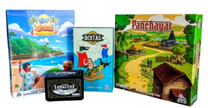 The Kheo Games lineup of Indian board games: Go Goa, Boitas, Samachar, and Panchayat, displayed together.